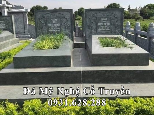 Mẫu Mộ đá đôi xanh rêu, kích thước mộ đá chuẩn phong thủy
